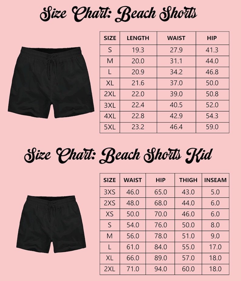 a size chart for beach shorts, including different sizes for both adults and children. The chart provides the corresponding length, waist, hip, thigh, and inseam measurements for each size.