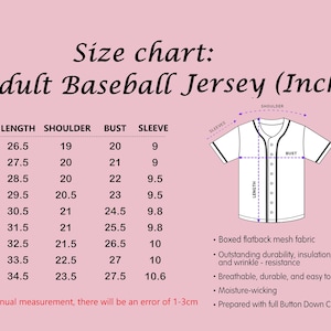 the size chart for a baseball jersey