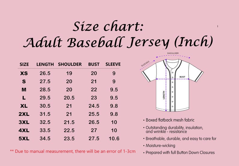 the size chart for a baseball jersey