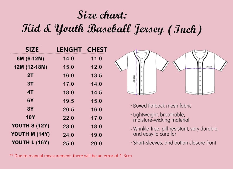 the size chart for a youth baseball jersey