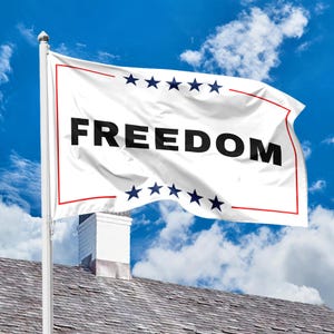 May include: White flag with the word "FREEDOM" in bold black letters. The flag has a red border and blue stars at the top and bottom. The flag is flying on a pole against a blue sky with clouds.