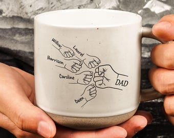 Custom Fist Bump Dad And Kids Engrave Pottery Mug, Father's Day Gifts for Dad, Dad 12oz Coffee Mug, Dad Gift From Son Daughter, Husband Mug