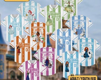 Custom Disney Princess Striped Baseball Jersey, Custom Princess Jersey, Ariel, Rapunzel, Cinderella, Belle, Jasmine, Disney Girl Trip Shirt