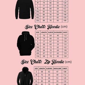 three size charts for different types of clothing items: a sweater, a hoodie, and a zip-up hoodie. The charts provide measurements for each item, including length, sleeve size, shoulder size, chest size, and waist size.