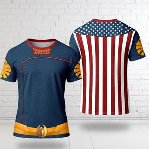 two t-shirts with distinct designs. The t-shirt on the left has a blue and gold pattern, while the t-shirt on the right has an American flag design.