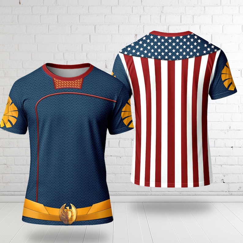 two t-shirts with distinct designs. The t-shirt on the left has a blue and gold pattern, while the t-shirt on the right has an American flag design.