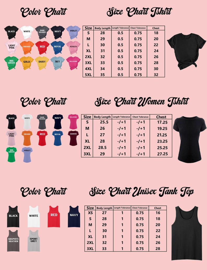 a women's t - shirt size chart with different colors and sizes