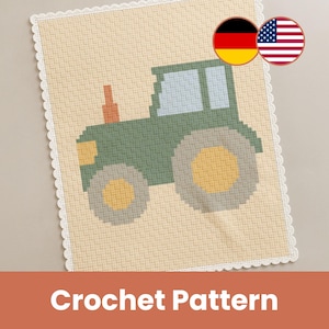 Peut inclure: Un motif de crochet représentant un tracteur vert avec des roues jaunes et grises sur un fond beige. Le motif est encadré d'une bordure blanche festonnée. Le texte "Crochet Pattern" est affiché en bas.