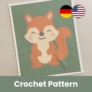 Può includere: Un modello all'uncinetto con un simpatico scoiattolo dei cartoni animati sorridente nei toni dell'arancione, crema e rosa, su sfondo verde. Il disegno è incorniciato da un bordo in pizzo bianco smerlato. Il testo "Crochet Pattern" è in basso.