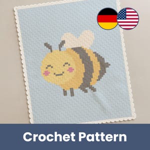 May include: A light blue crochet pattern featuring a smiling yellow and black bee with white wings. The pattern has a white lace border and the text "Crochet Pattern" at the bottom.