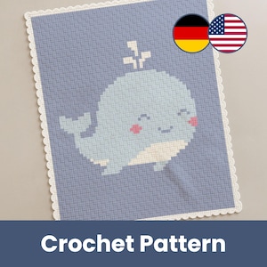 May include: A light blue crochet pattern featuring a smiling whale with pink cheeks and a white belly. The whale is centered on a blue background with a white scalloped border. The text "Crochet Pattern" is at the bottom.
