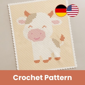 May include: A crochet pattern depicting a cartoon cow. The cow is white with brown patches and a pink face, set against a beige backdrop. The pattern is framed with a white, scalloped edge. The text "Crochet Pattern" is displayed at the bottom.