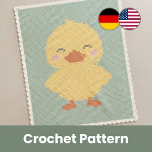 Può includere: Un modello all'uncinetto con un pulcino giallo con becco e guance color pesca, su sfondo verde chiaro. Il disegno è incorniciato da un bordo bianco smerlato. Le parole "Crochet Pattern" sono in basso.