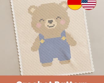Padrão de crochê para manta de bebê com o ursinho Bruno – Padrão C2C em PDF – Manta de bichinho para bebês, padrão digital.
