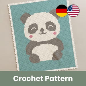 May include: A crochet pattern featuring a pixelated panda bear design. The panda has a white face and body with gray accents, pink cheeks, and black eyes. The pattern is on a teal background with a white scalloped border. The text "Crochet Pattern" is at the bottom.