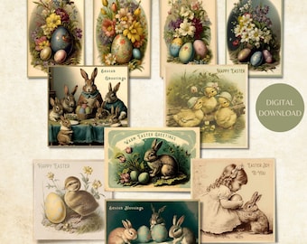 Vintage Easter Printables | Vintage Journaling Cards | Scrapbooking Ephemera | Easter Bunnies Eggs Flowers Ducklings | Digital Download