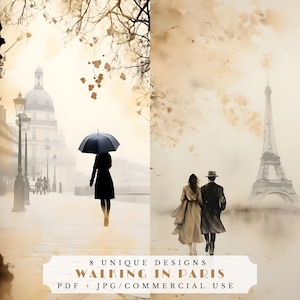Tarjetas de diario Walking in Paris, efímera francesa romántica, suministros imprimibles para álbumes de recortes de acuarela, papeles decorativos de París