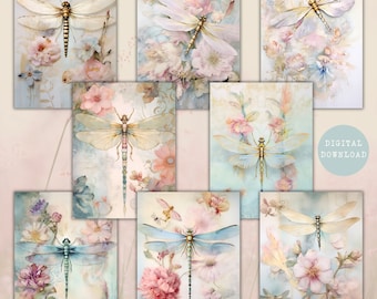 Libélulas de ensueño ATC / Papeles de diario de estilo rococó / Efímera imprimible vintage / Suministros de scrapbooking de diario basura / Papel digital