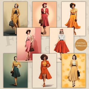 Retro modedagboekkaarten, retro outfits collageblad, afdrukbare junk journal plakboekbenodigdheden, vintage kleding ephemera, instant