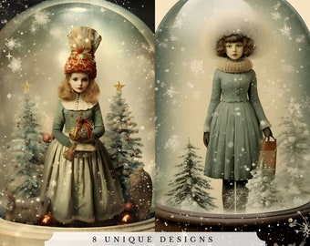 May include: Two vintage-style snow globes with a girl in each. The girl on the left is wearing a red and white hat and a green dress. The girl on the right is wearing a white hat and a blue dress. Both snow globes have a snowy scene with a Christmas tree.