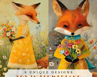 Fox in flowerland, whimsical spring junk journal pages, digital collage sheet, scrapbook supplies, floral atc cards