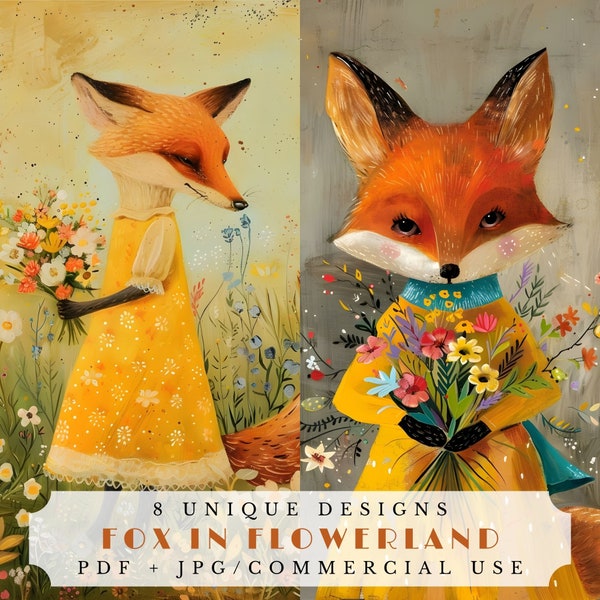 Fox in flowerland, whimsical spring junk journal pages, digital collage sheet, scrapbook supplies, floral atc cards