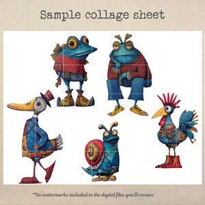 May include: A sample collage sheet featuring whimsical illustrations of anthropomorphic animals. The characters include a frog, a duck, a snail, and a rooster, all dressed in colorful outfits. The text "Sample collage sheet" is at the top.