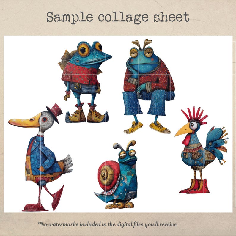 May include: A sample collage sheet featuring whimsical illustrations of anthropomorphic animals. The characters include a frog, a duck, a snail, and a rooster, all dressed in colorful outfits. The text "Sample collage sheet" is at the top.