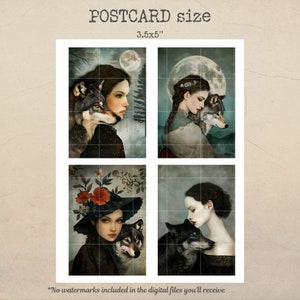 May include: Four digital art prints featuring a woman with a wolf. Each print has a different background and the woman is wearing different clothing. The prints are 3.5x5 inches.