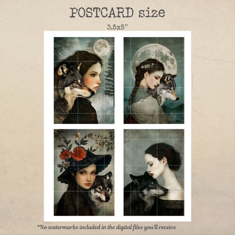 May include: Four digital art prints featuring a woman with a wolf. Each print has a different background and the woman is wearing different clothing. The prints are 3.5x5 inches.