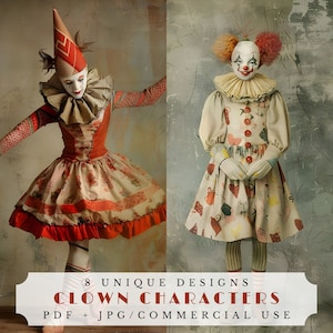 Personajes de payaso, personajes únicos de circo/carnaval, páginas de diarios basura, hojas de collage extravagantes, suministros para álbumes de recortes, efímeras imprimibles