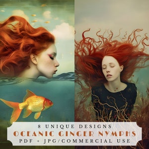 Ninfe oceaniche dello zenzero, carte surreali per il diario della spazzatura marina, oggetti effimeri stampabili per scrapbooking, forniture per collage, download digitale