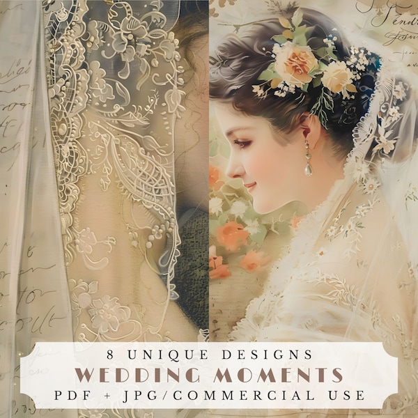 Wedding moments, unique junk journal pages, digital ephemera for scrapbooking, romantic collage supplies, bridal atc cards
