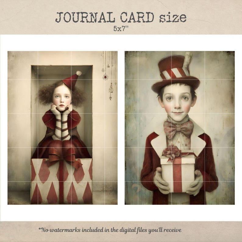 Pu&ograve; includere: Due biglietti per diario in stile vintage. Un biglietto presenta una ragazza in abito rosso dentro una scatola. L'altro mostra un ragazzo in cappotto rosso con un regalo. I biglietti misurano 12,7 x 17,8 cm.