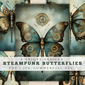 Papillons steampunk, pages de journal indésirables uniques, feuilles de collage de papillons originaux, fournitures de scrapbooking imprimables, fabrication de cartes