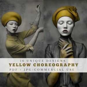 May include: Two artistic portraits of a person wearing a yellow beret and a matching outfit. The image includes the text "16 UNIQUE DESIGNS YELLOW CHOREOGRAPHY PDF + JPG/COMMERCIAL USE". The portraits have a vintage, artistic style.