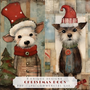 Christmas dogs journal cards, unique puppy ephemera for junk journaling, scrapbooking and card making, printable collage papers