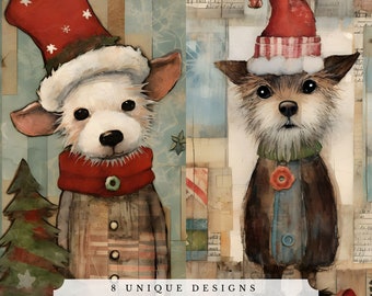 Christmas dogs journal cards, unique puppy ephemera for junk journaling, scrapbooking and card making, printable collage papers