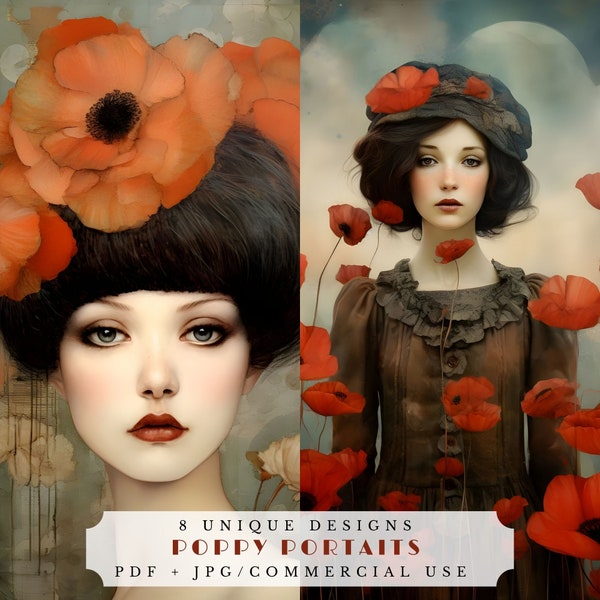 Poppy portraits, floral junk journal cards, surreal poppies digital papers, junk journal and scrapbooking supplies, printable ephemera