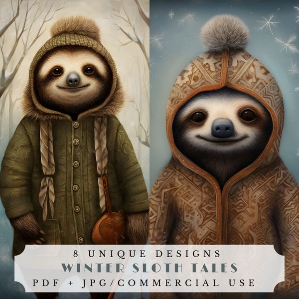 Winter sloth tales, winter junk journal pages, unique printable ephemera for scrapbooking and card making, cute sloths in winter clothes