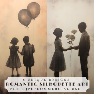 Romantic silhouette art, unique ephemera for junk journaling, scrapbooking, and card making, digital collage sheets, digital papers
