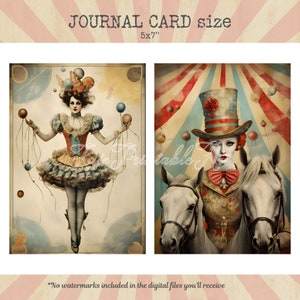 Puede incluir: Dos tarjetas de diario imprimibles de tem&aacute;tica circense vintage, cada una con una mujer con un disfraz extravagante. La primera tarjeta muestra a una mujer haciendo malabares con globos de colores, mientras que la segunda tarjeta representa a una mujer con un sombrero de copa y un cuello con volantes, montando dos caballos blancos. Ambas tarjetas tienen una est&eacute;tica vintage con un fondo descolorido.