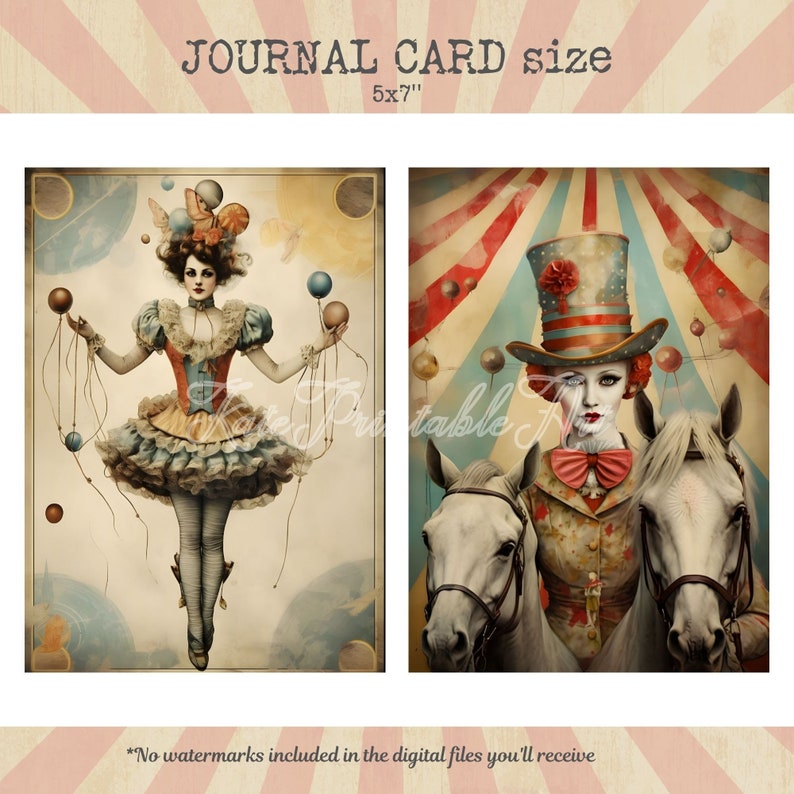 Puede incluir: Dos tarjetas de diario imprimibles de tem&aacute;tica circense vintage, cada una con una mujer con un disfraz extravagante. La primera tarjeta muestra a una mujer haciendo malabares con globos de colores, mientras que la segunda tarjeta representa a una mujer con un sombrero de copa y un cuello con volantes, montando dos caballos blancos. Ambas tarjetas tienen una est&eacute;tica vintage con un fondo descolorido.