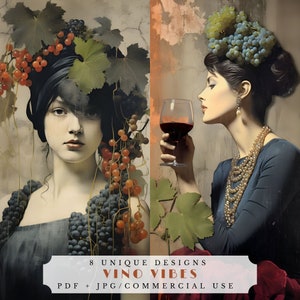 Vino vibes journalingkaarten, afdrukbare wijnephemera voor junk journaling, scrapbooking en kaarten maken, druiven, ambachtelijke levering