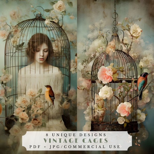 Surreal vintage cages ATC cards, bird cage journal paper, romantic junk journal scrapbook ephemera, printable floral collage sheet, instant