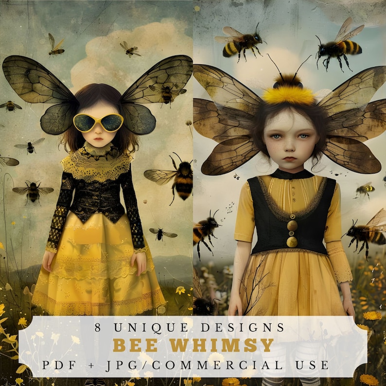 Puede incluir: Dos ni&ntilde;os con alas de abeja, uno con gafas de sol y el otro con un tocado de colmena. La imagen tiene un estilo caprichoso y de cuento de hadas con un fondo de flores y abejas. El texto dice "8 Dise&ntilde;os &Uacute;nicos Bee Whimsy PDF + JPG/Uso Comercial".
