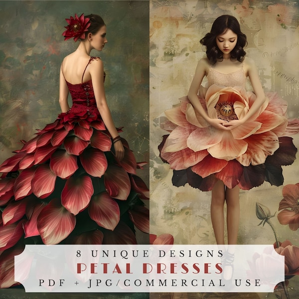 Petal dresses, unique junk journal pages, digital ephemera for scrapbooking, surreal collage supplies, spring atc cards