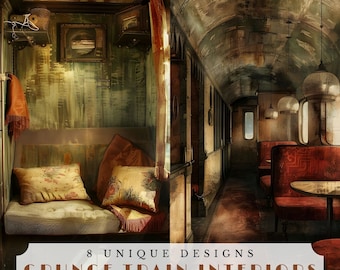 May include: A digital illustration of eight unique grunge train interior designs. The designs feature a variety of colors and textures, including brown, green, red, and yellow. The designs are perfect for use in digital scrapbooking, card making, and other creative projects.  PDF + JPG / COMMERCIAL USE