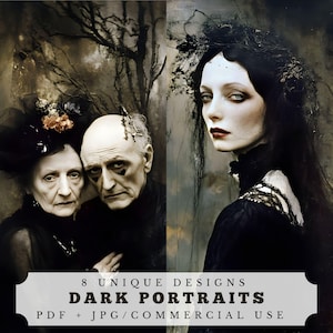 Puede incluir: Una descarga digital de 8 diseños únicos de retratos oscuros. Las imágenes presentan a tres personas con ropa oscura y maquillaje dramático. El texto en la imagen dice "8 Diseños Únicos Retratos Oscuros PDF + JPG/Uso Comercial".