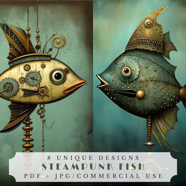 Steampunk fish, unique junk journal papers, quirky fish collage sheets, printable oceanic scrapbook supplies, card making, digital download